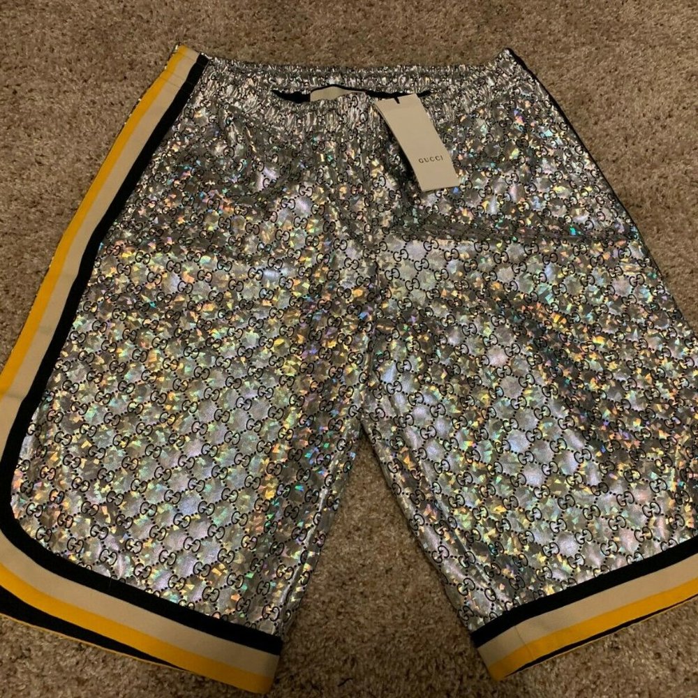 2020 GUCCI Laminated sparkling GG jersey shorts L